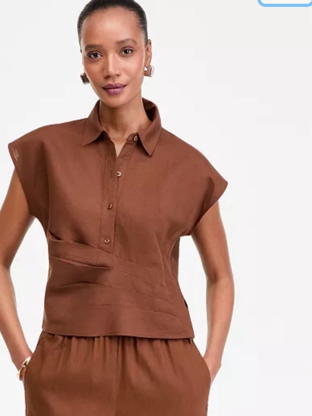 INC International Concepts Women's Short Sleeve Linen-Blend Wrap Blouse size S